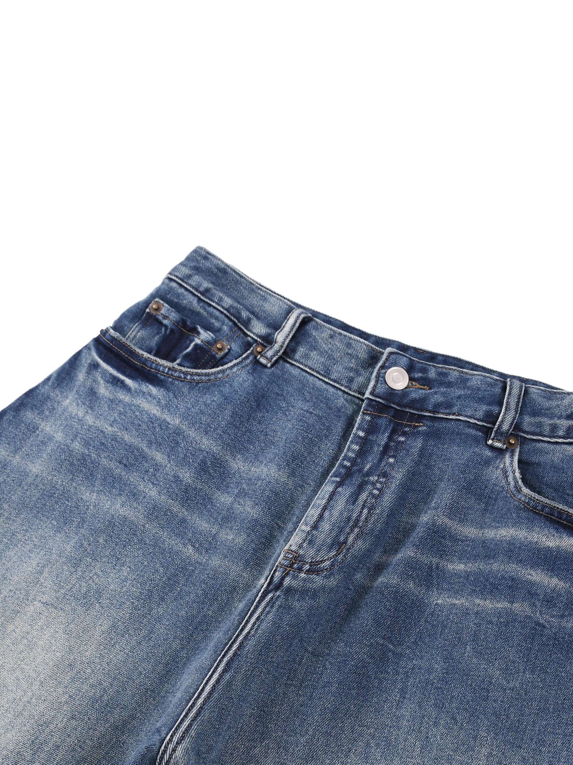 Detailed view of the mid-waist construction, sturdy button closure, and zipper fly on the premium vintage streetwear jeans.