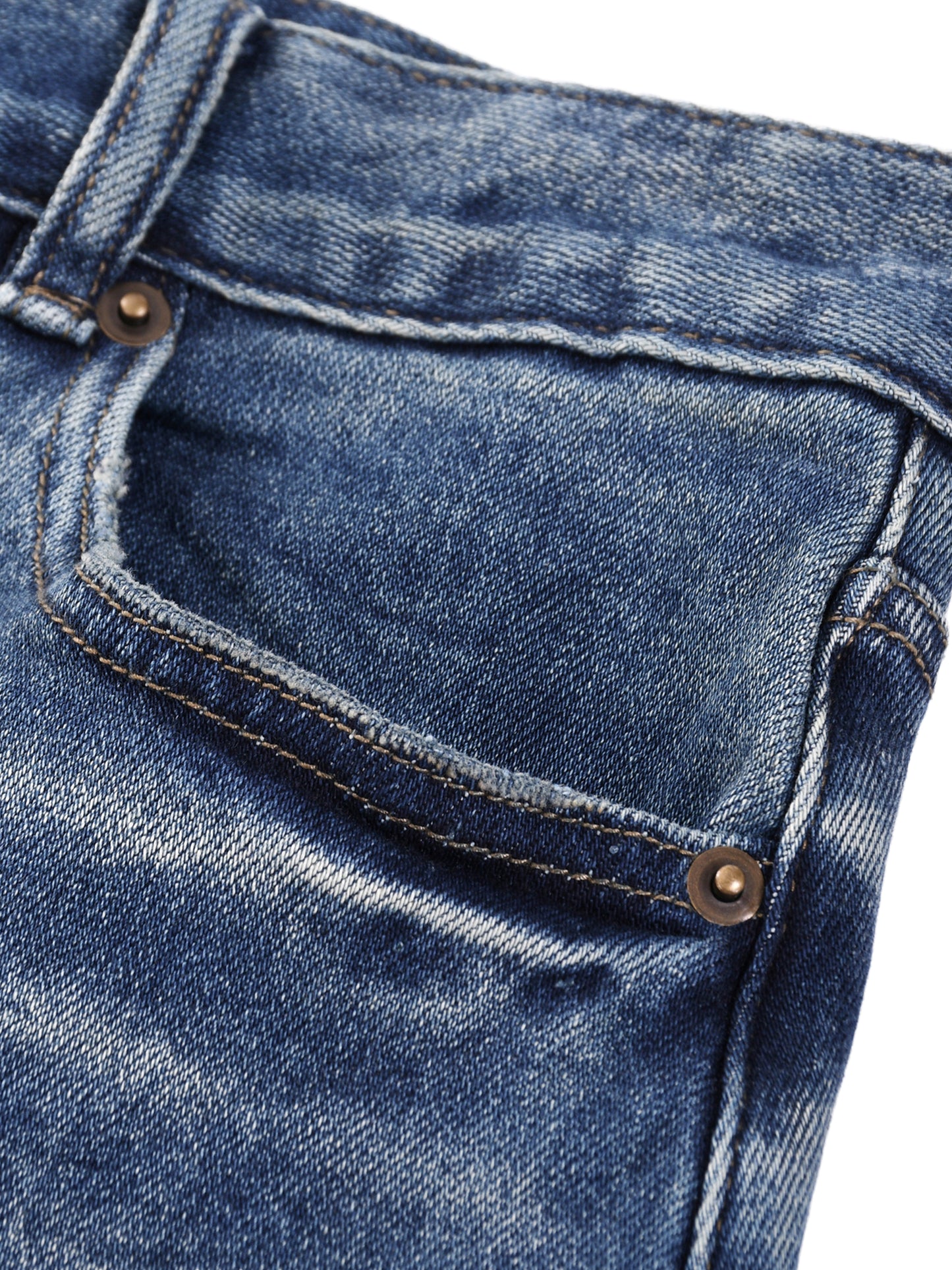 Close-up view of the folded blue sun-fade denim fabric, highlighting the thick, textured 16oz weave and quality pocket lining construction.