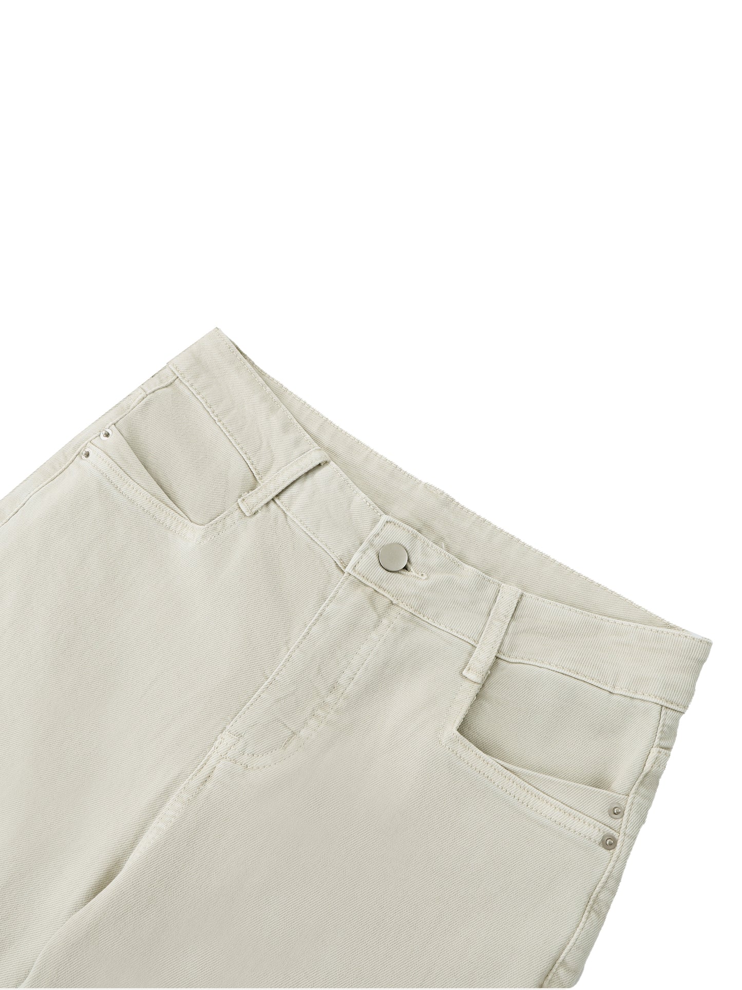Close-up detail of the premium handcrafted distressing, pocket layout, and heavy cotton fabric on women's beige vintage flare jeans.