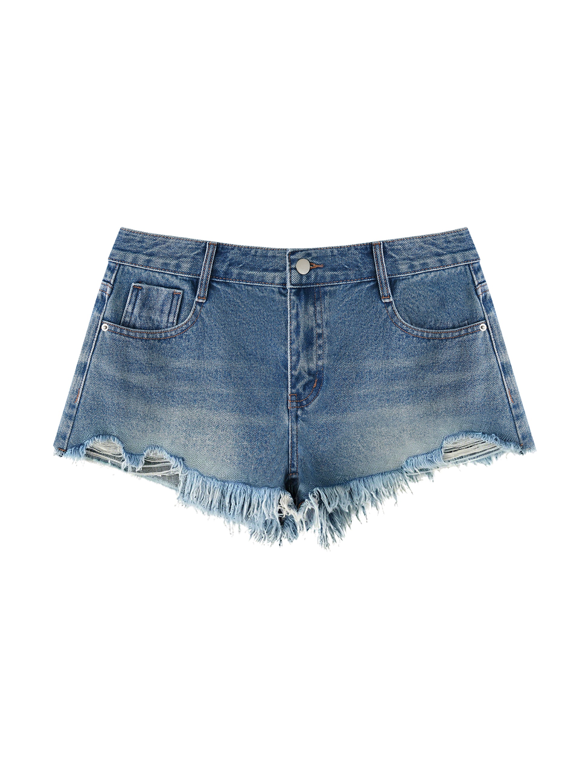 Close-up front view of BTS women's vintage wash raw hem denim shorts, highlighting the button closure, pocket construction, and custom design prints.