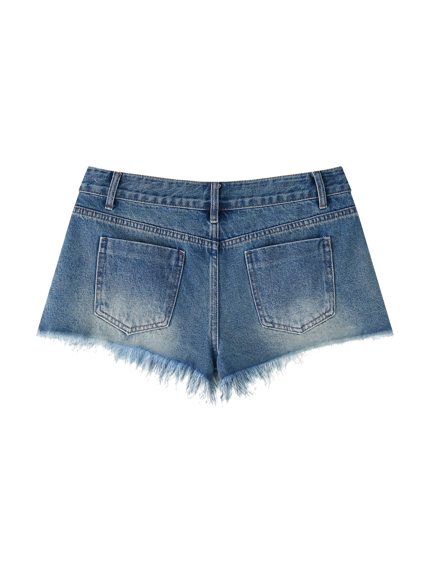 Close-up rear view of BTS women's vintage wash raw hem denim shorts, showcasing the clean waistband structure and distressed pocket fabric texture.