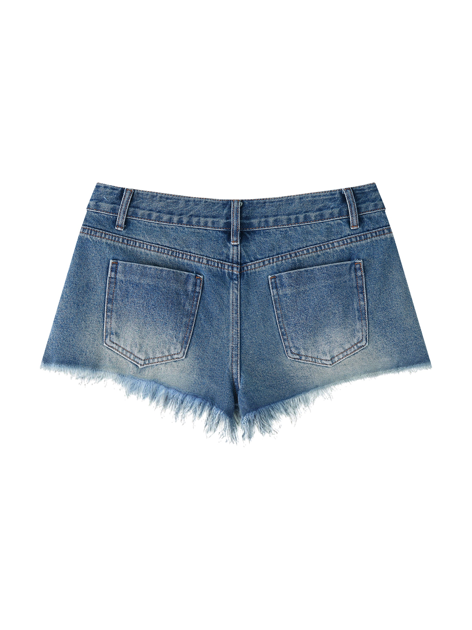 Close-up rear view of BTS women's vintage wash raw hem denim shorts, showcasing the clean waistband structure and distressed pocket fabric texture.