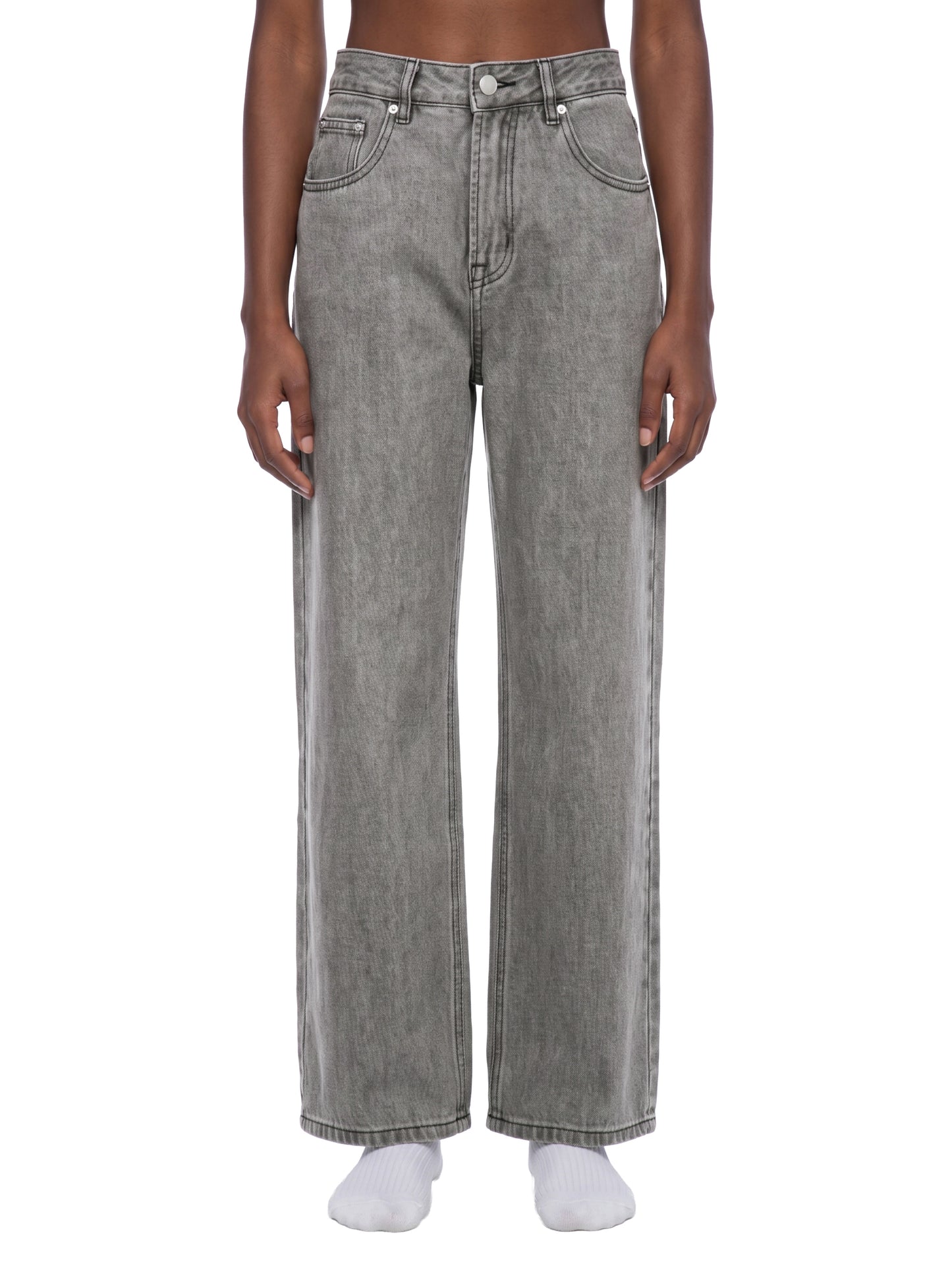 Front full-length view of unisex light gray vintage wash straight leg jeans, showcasing the mid-waist rise, relaxed fit, and straight streetwear drape.
