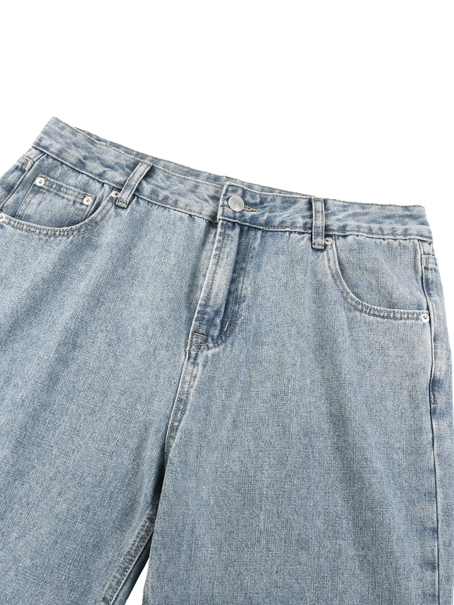 Close-up view of the waistband, belt loops, and front pocket stitching on unisex light gray vintage wash straight leg denim jeans.