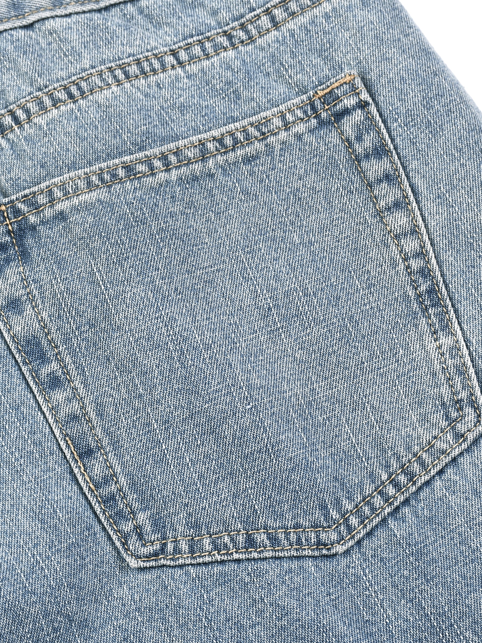 Close-up view of the classic back pocket construction and vintage washed texture on unisex blue straight leg denim jeans.