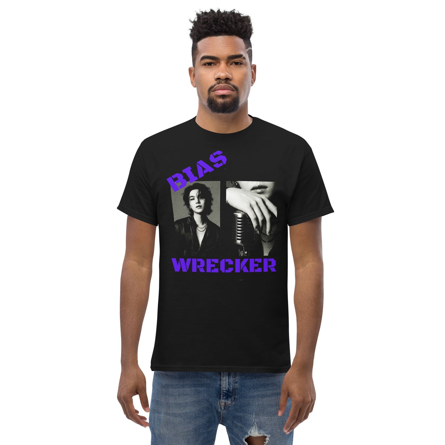 Front view mockup of a model in a black unisex "Bias Wrecker" BTS fan tee with purple lettering and a graphic print.