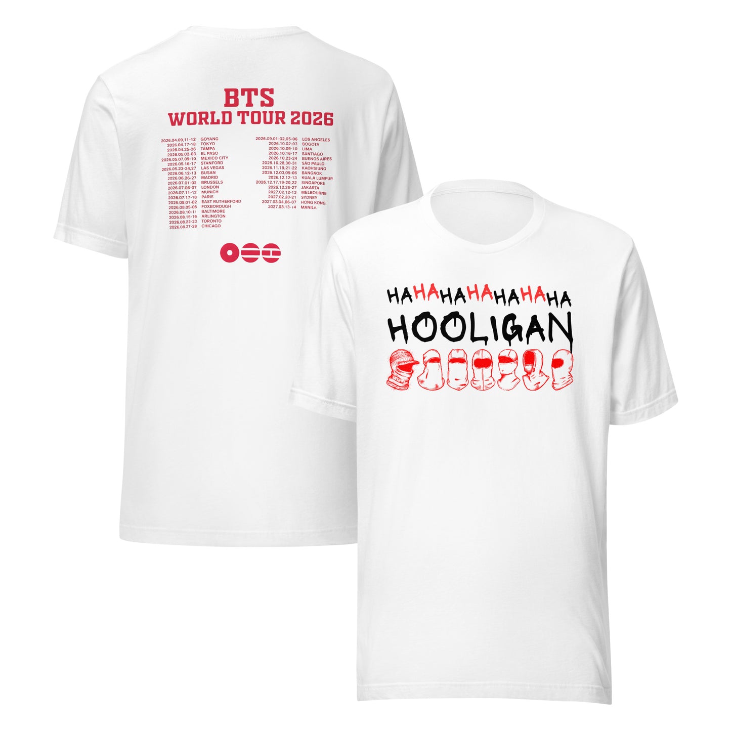 Classic crisp white BTS World Tour Hooligan unisex short-sleeve crewneck shirt close-up.